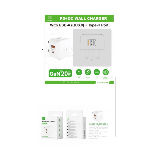 Woox MX0168 UK Type-C 20W PD & USB 3A QC Wall Charger without Cable, White