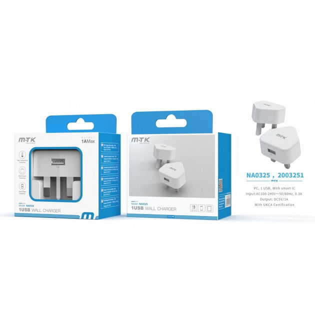 NA0325 1A Single USB Wall Charger, without cable, White