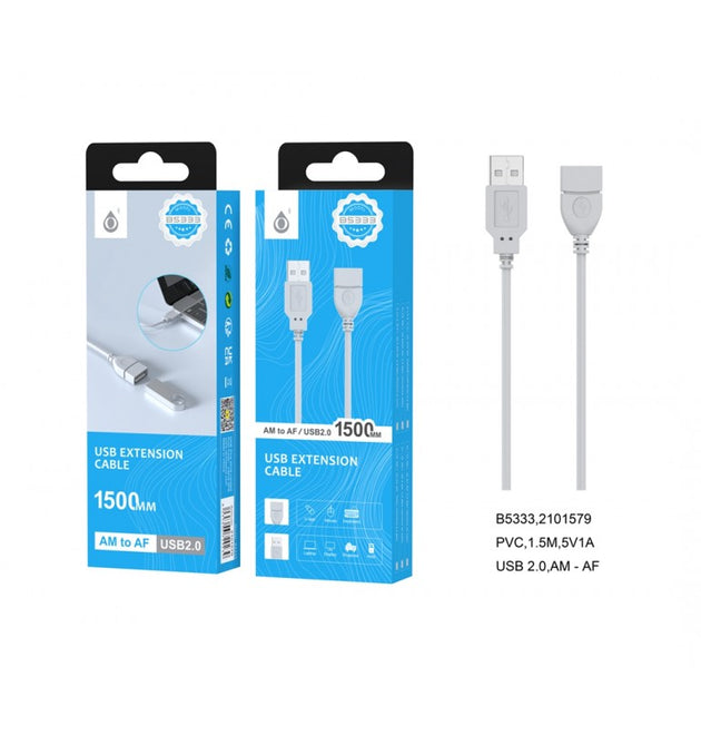 B5333 USB Male to USB Female Cable 2.0 AM to FM, 1.5M, Grey