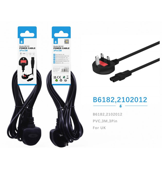B6182 UK Charge Cable, 2 pin, 3M, Black