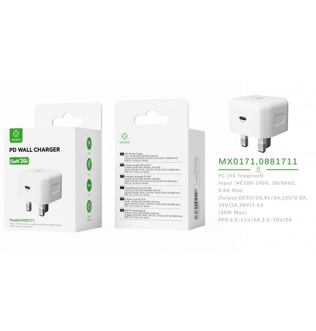 Woox MX0171 UK Type-C 30W PD Wall Charger without Cable, 5V 3A, White
