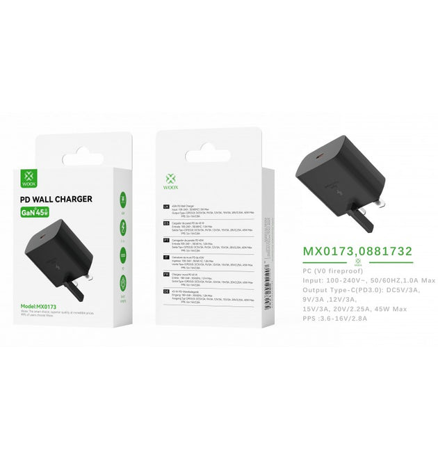 Woox MX0173 UK Folding Pin Type-C 45W PD Wall Charger, without cable, 5V 3A, Black