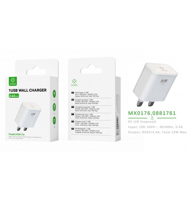 Woox MX0176 UK Folding Pin Single USB 2.4A Wall Charger without cable, White