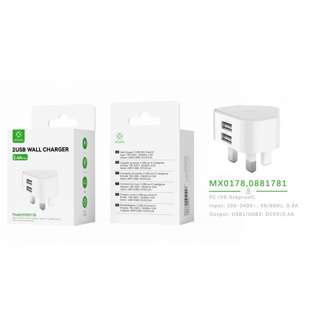 Woox MX0178 UK Dual USB 2.4A Wall Charger without cable, White