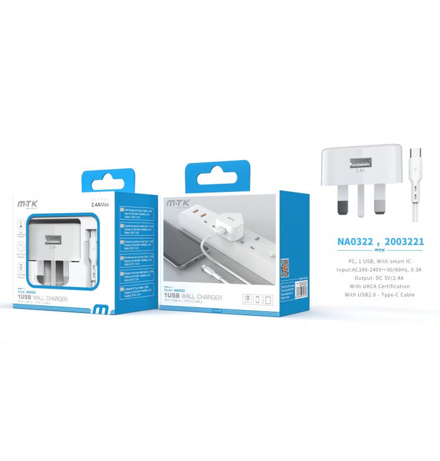 NA0322 2.4A Single USB Wall Charger, with Type-C Cable, White