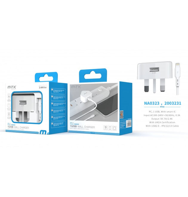 NA0323 2.4A Single USB Wall Charger, with Lightening Cable, White