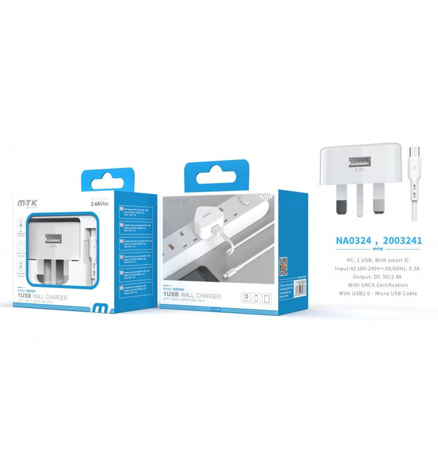 NA0324 2.4A Single USB Wall Charger, with Micro USB Cable, White