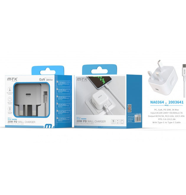 NA0364 Type-C 20W PD Wall Charger with Type-C to Type-C Cable, 5V 3A, White