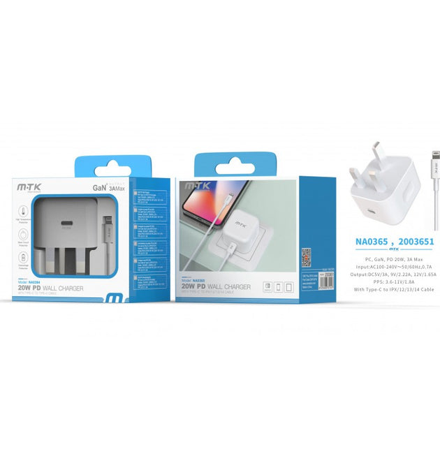 NA0365 Type-C 20W PD Wall Charger with Type-C to Lightning Cable, 5V 3A, White