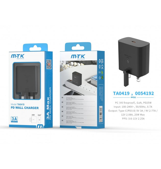 TA0419 25W PD Wall Charger, without cable, 5V 3A, Black
