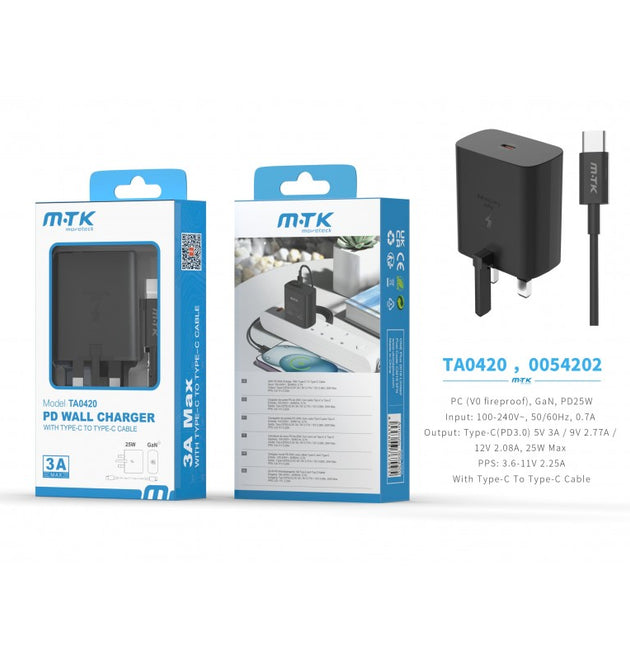 TA0420 25W PD Wall Charger, with TypeC to TypeC cable, 5V 3A, Black