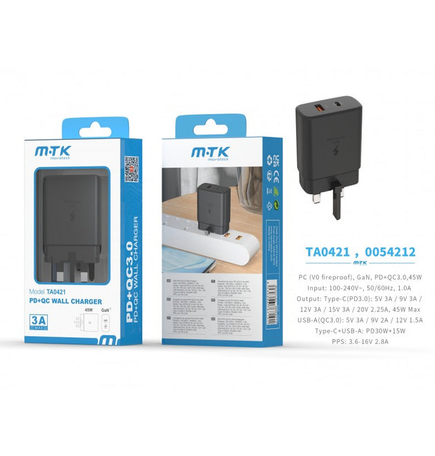 TA0421 45W PD Wall Charger, without cable, 5V 3A, Black