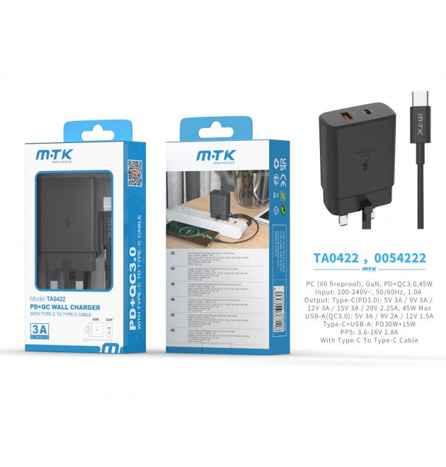 TA0422 45W PD Wall Charger, with TypeC to TypeC cable, 5V 3A, Black
