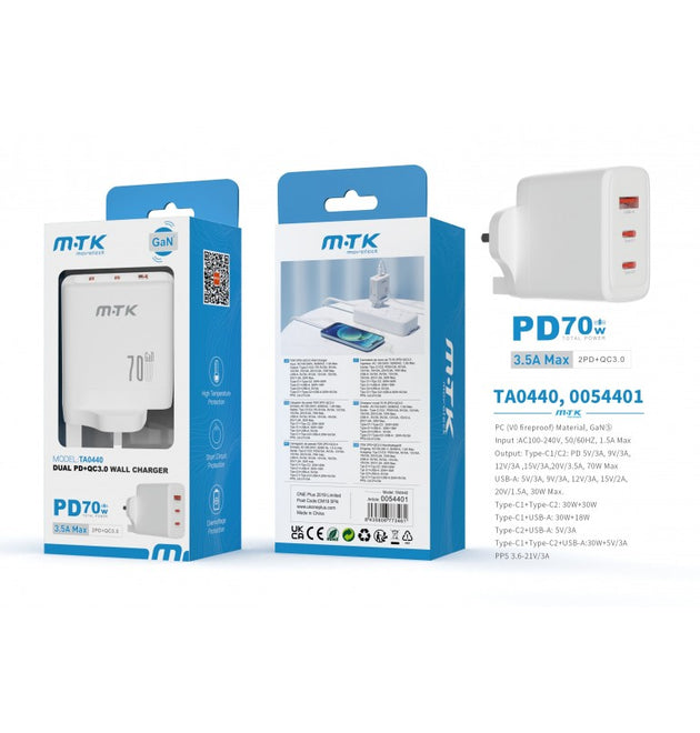 TA0440 70W Dual USB C & Single USB Super Charger, without Cable, White