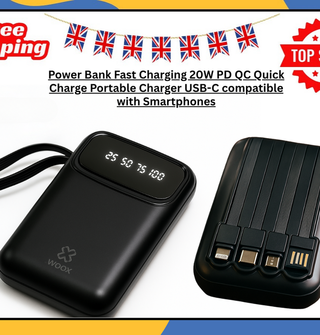 Power Bank 10000mAh with 4-in-1 Cables USB-C Micro USB Fast Charger UK Black