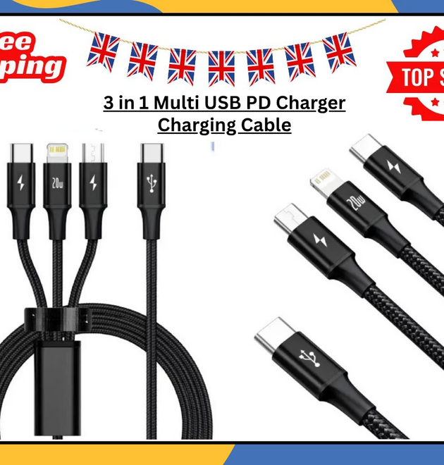 3 in 1 Fast Charging Cable USB-C PD Micro USB Charger Cord for Android Black UK