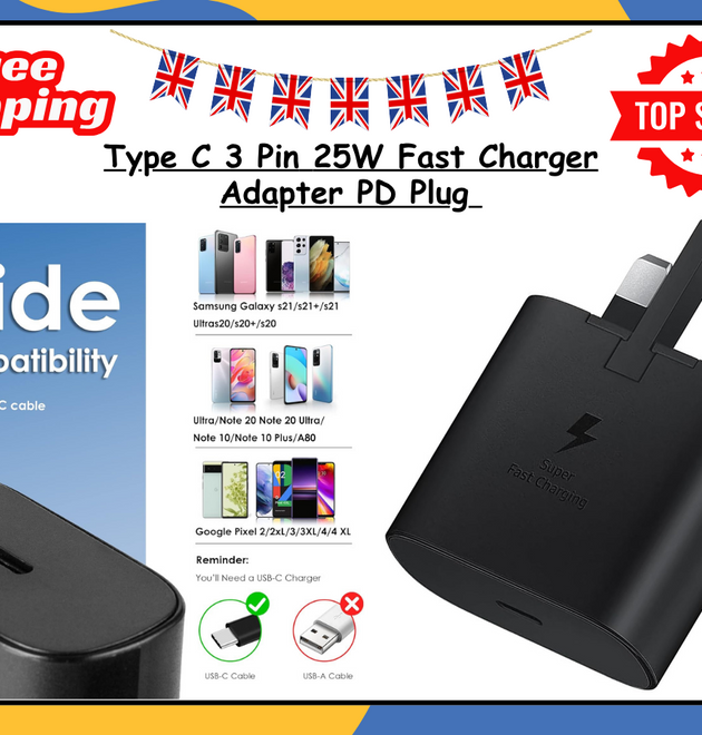 25W USB-C Fast Charger Plug PD UK 3 Pin Wall Adapter for Samsung iPhone Pixel UK