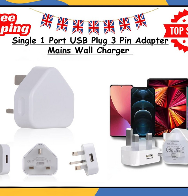 UK 3 Pin USB Wall Charger Plug Mains Fast Charging 1-Port Adapter for All Phones