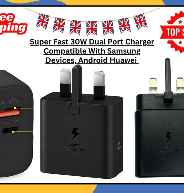 Super Fast Charging Wall Charger Dual Port USB-C Adapter | UK 3-Pin Plug Black