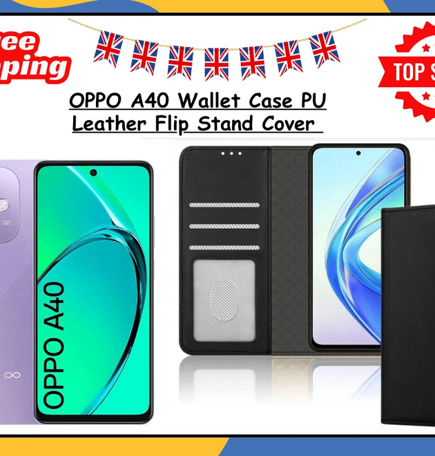 OPPO A40 Leather Wallet Case Flip Stand View Magnetic Shockproof Black Cover UK