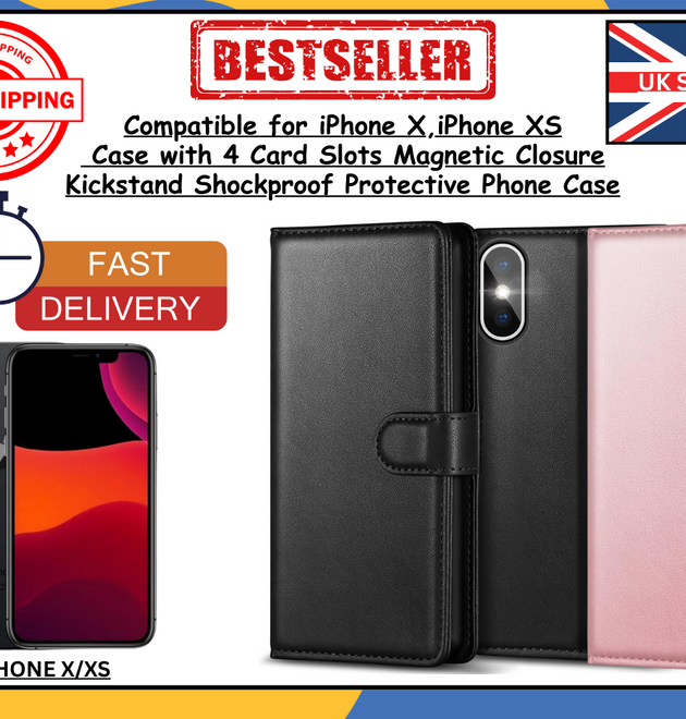 PU Leather Wallet Case for iPhone X/XS – Flip Cover, Card Holder, UK Stock