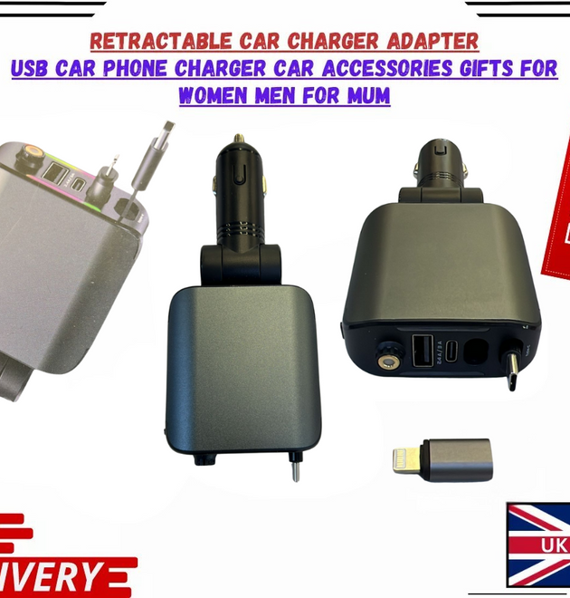 Fast Car Charger Adapter 3-Port USB-C PD QC4.0 Retractable Cable iPhone Android