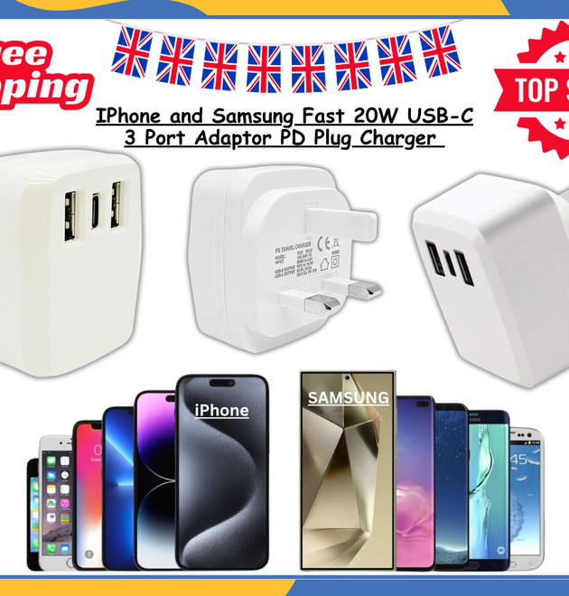 USB-C 20W PD Plug Charger For iPhone Samsung 3 Port Adaptor Fast Charging UK