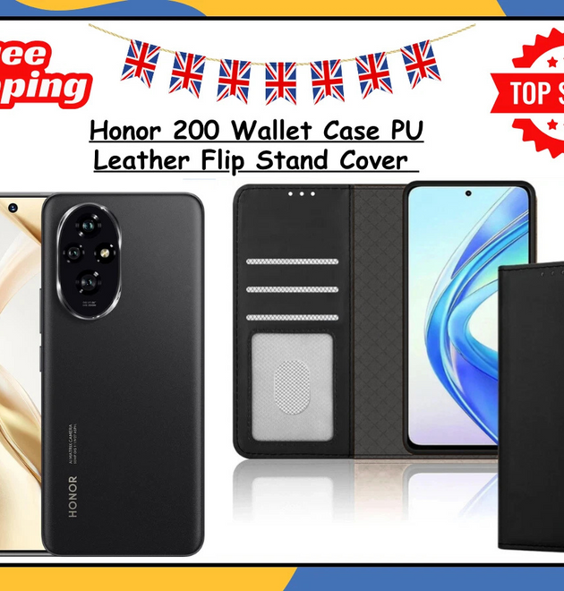 Honor 200 Leather Wallet Case Flip Magnetic Shockproof Stand Slim Black Cover UK