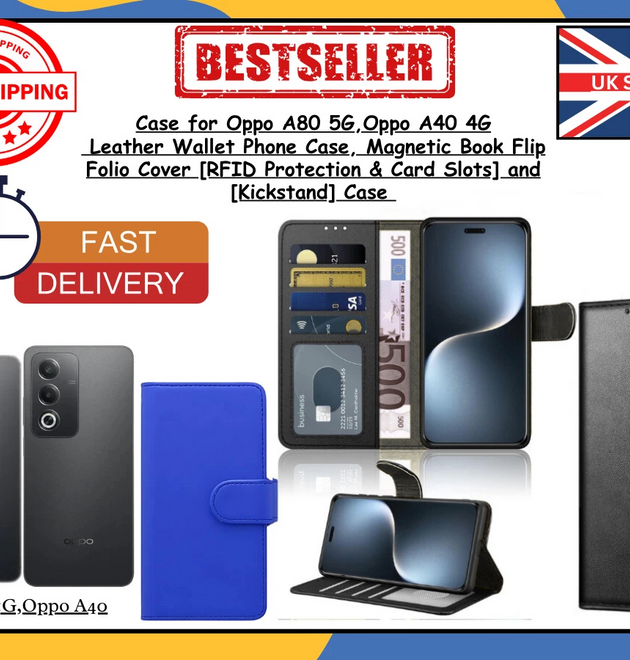 OPPO A80 5G / A40 4G Leather Wallet Case Shockproof, Flip, Card Slots Cover UK