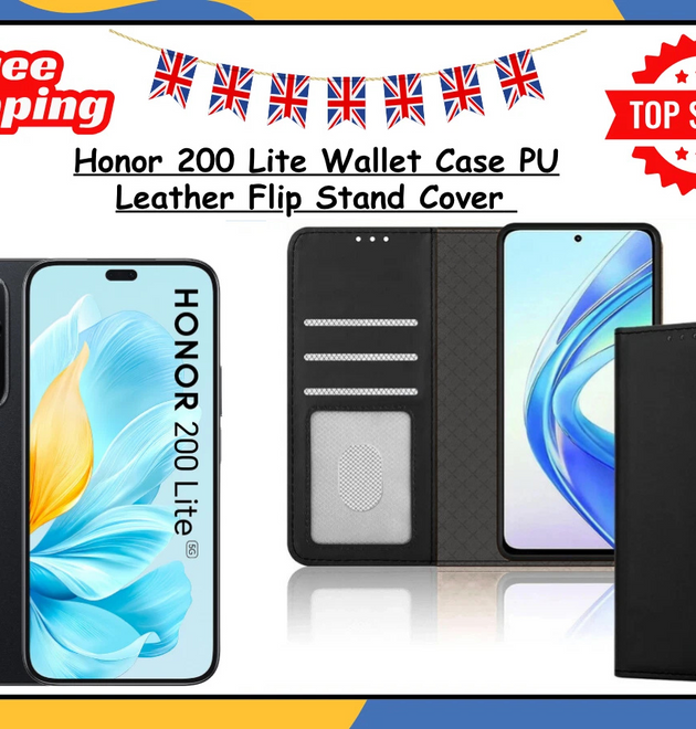 For Honor 200 Lite Leather Wallet Case Flip Stand Phone Cover Card Holder Black