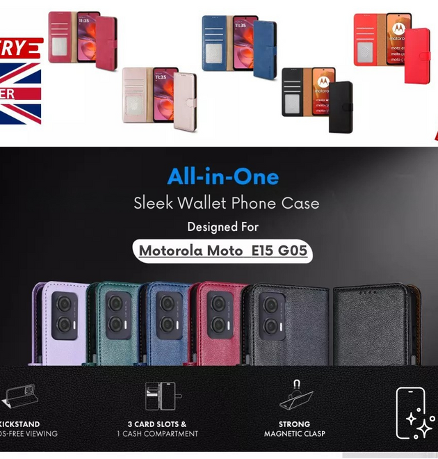 Motorola Moto G05 / E15 Folio Leather Gel Wallet Case Flip Stand Cover