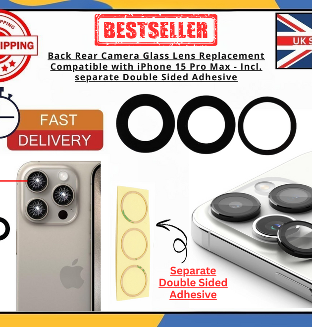 iPhone 15 Pro Max Rear Camera Glass Lens Replacement 3pc Adhesive OEM Quality UK