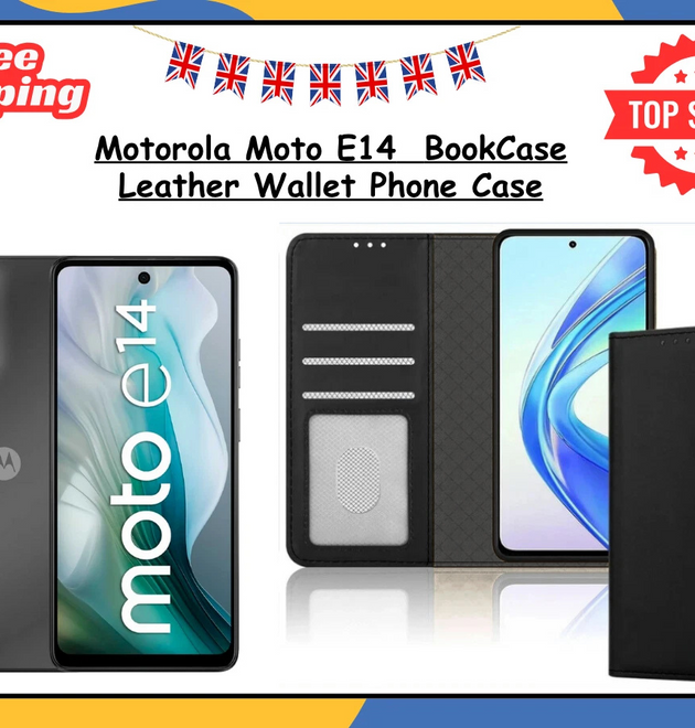 Motorola Moto E14 Wallet Case PU Leather Flip Stand Cover Card Slots Black UK