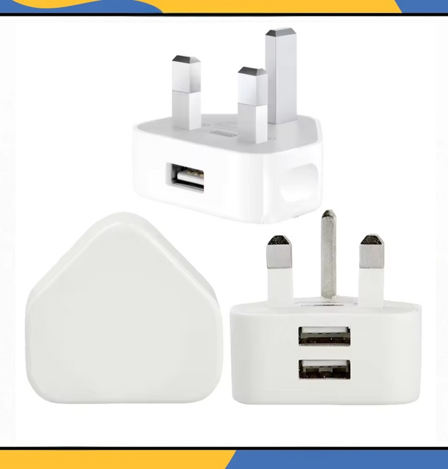 UK 3 Pin Dual USB Wall Charger Plug Mains Fast Charging 2-Port Adapter for Phone