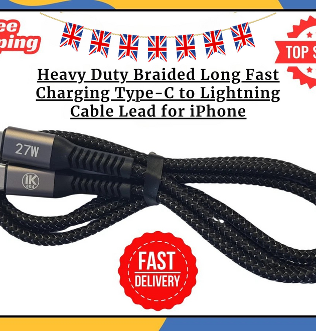 Heavy Duty Braided C- Lightening Cable Fast Charging Lead for iPhone 14 13 12 UK