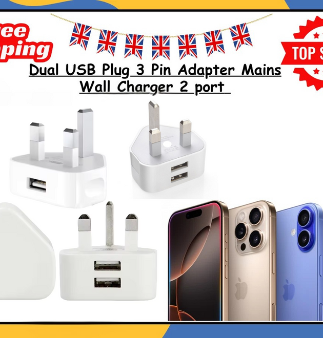 UK 3 Pin Dual USB Wall Charger Plug Mains Fast Charging 2-Port Adapter for Phone