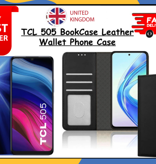 TCL 505 Wallet Case PU Retro Leather Flip Cover Card Holder Stand Black Cover UK