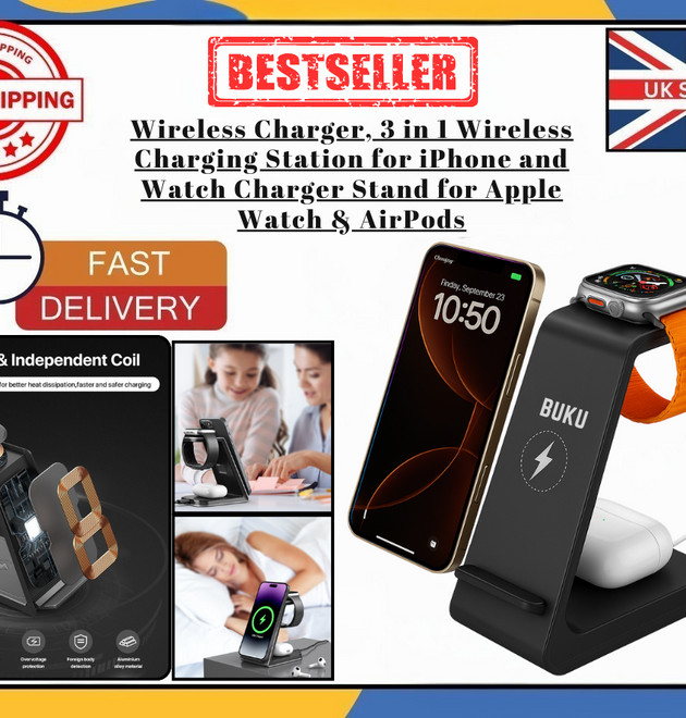 3in1-Wireless Charger Stand for iPhone, Apple Watch & AirPods Fast Charging Dock