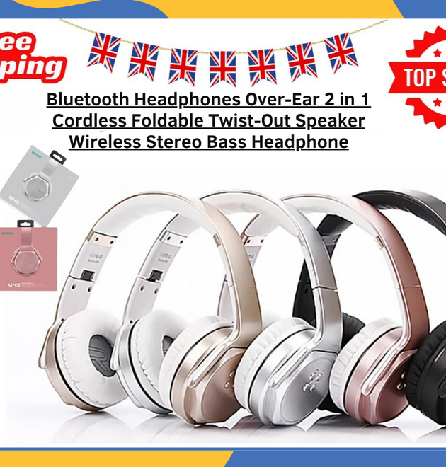 Bluetooth Over-Ear Headphones 2-in-1 Foldable Twist-Out Speaker Bass – UK Stock
