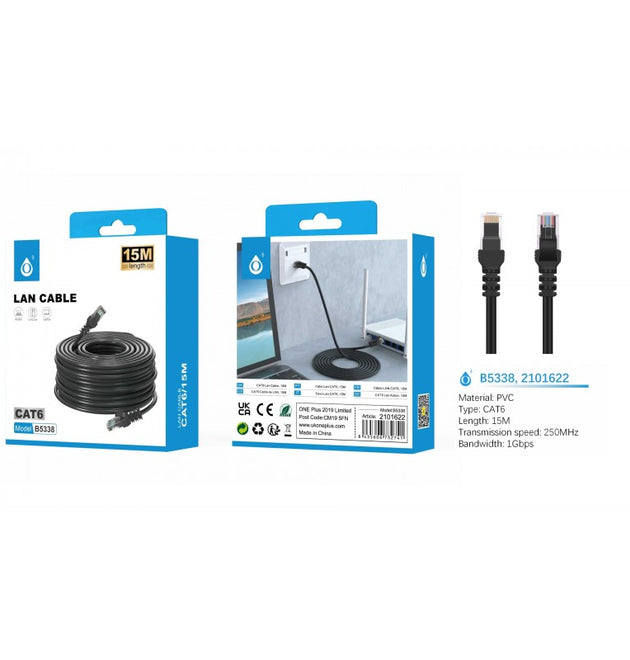 B5338 RJ45 Network LAN Cable, CAT6, 15M, Black
