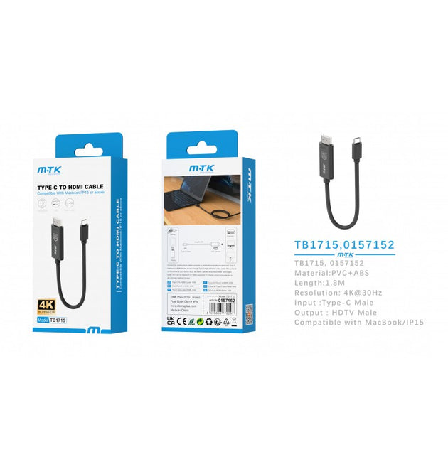 TB1715 Type-C to HDMI Cable, Compatible with Apple, 4K@30HZ, 1.8m, Black