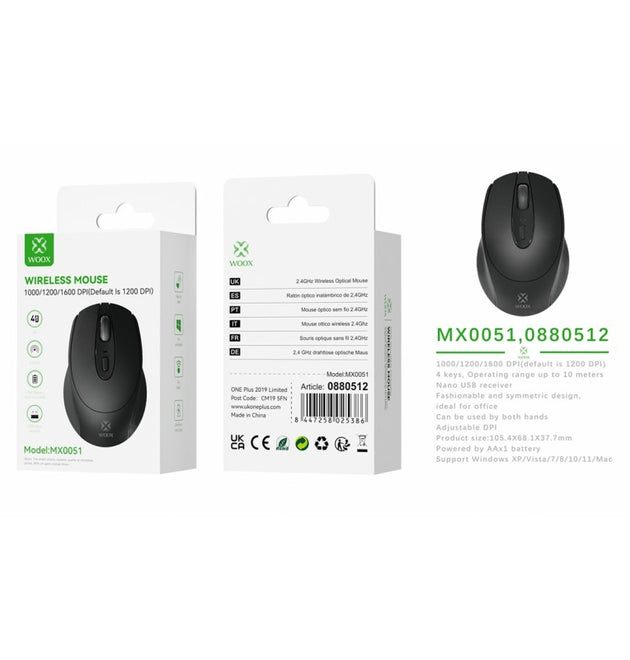 Woox MX0051 2.4G Wireless Mouse, 1000/1200/1600DPI 1*AA battery (not Incl), Black