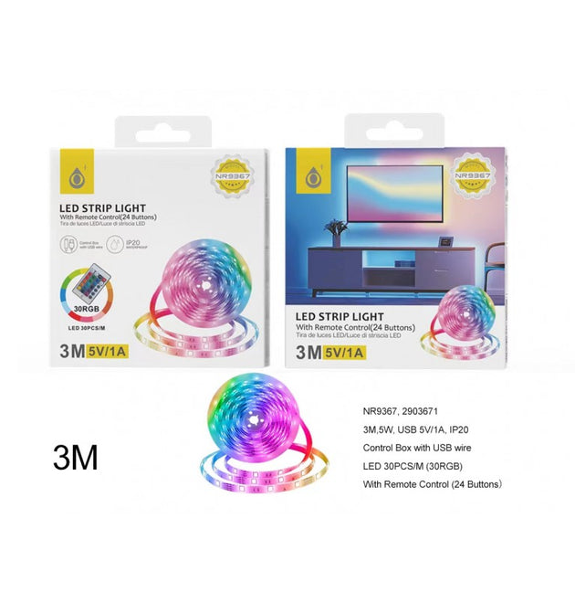 NR9367 RGB LED Strip Light IP20, 3m, 5V, USB 5V/1A