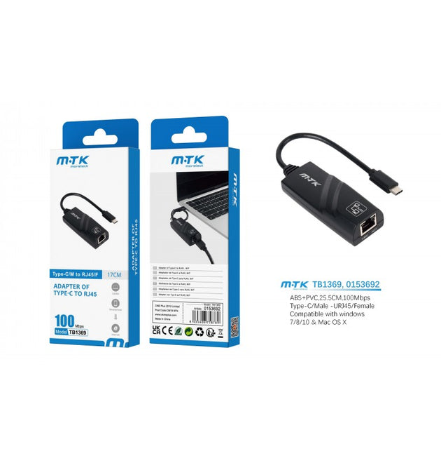 TB1369 TYPE-C to RJ45 LAN Ethernet Adapter, 100MBPPS, Black